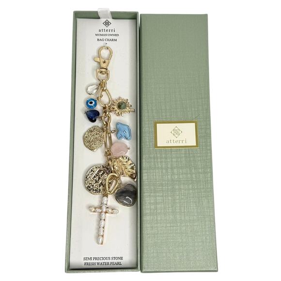 Atterri Bag Charm Stone Fresh Wate Pearl Religious Cross Evil Eye Key Ring New - Picture 6 of 6